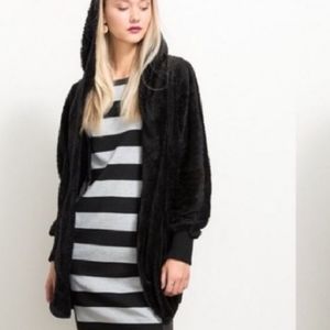 HAVEN Jacket Soft Plush Faux Sherpa Inside &Out Open Front Hooded Black OSFM NWT